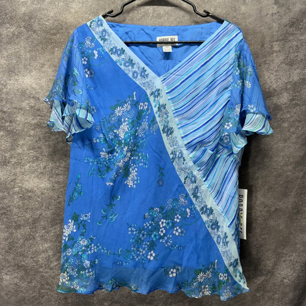 Robbie Bee Blue Floral Mixed Print 100% Silk Top Size 20W Ruffle Cottage Boho